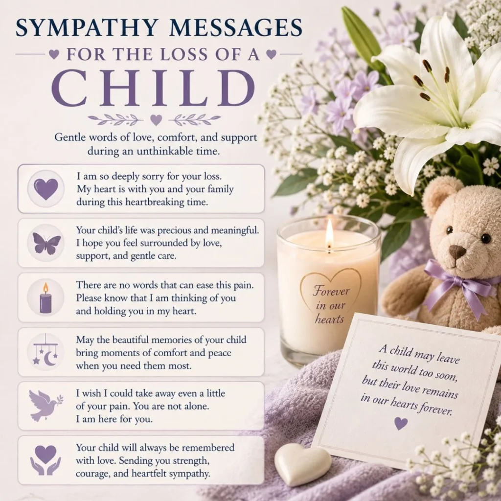 Sympathy messages for the loss of a child with comforting words, flowers, candle, and teddy bear