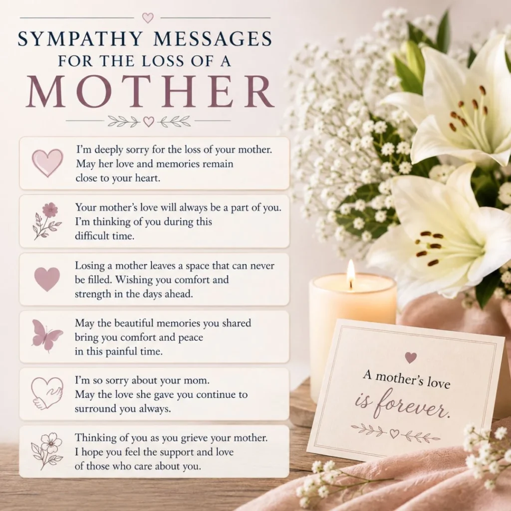Sympathy messages for the loss of a mother with comforting words, white lilies, and a candle