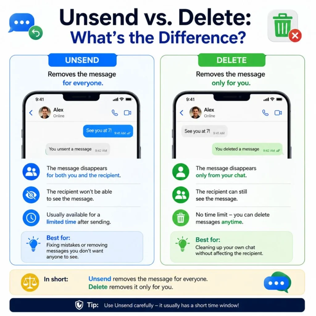 Unsend vs Delete comparison showing how messages are removed for everyone or only for you