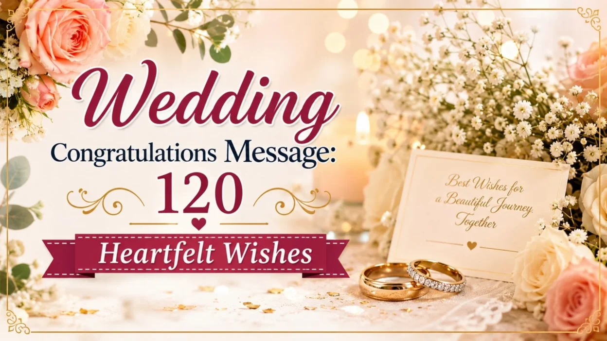 Wedding congratulations message with 120 heartfelt wishes, flowers, wedding rings, and elegant greeting card