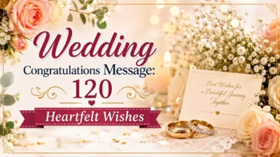 Wedding congratulations message with 120 heartfelt wishes, flowers, wedding rings, and elegant greeting card