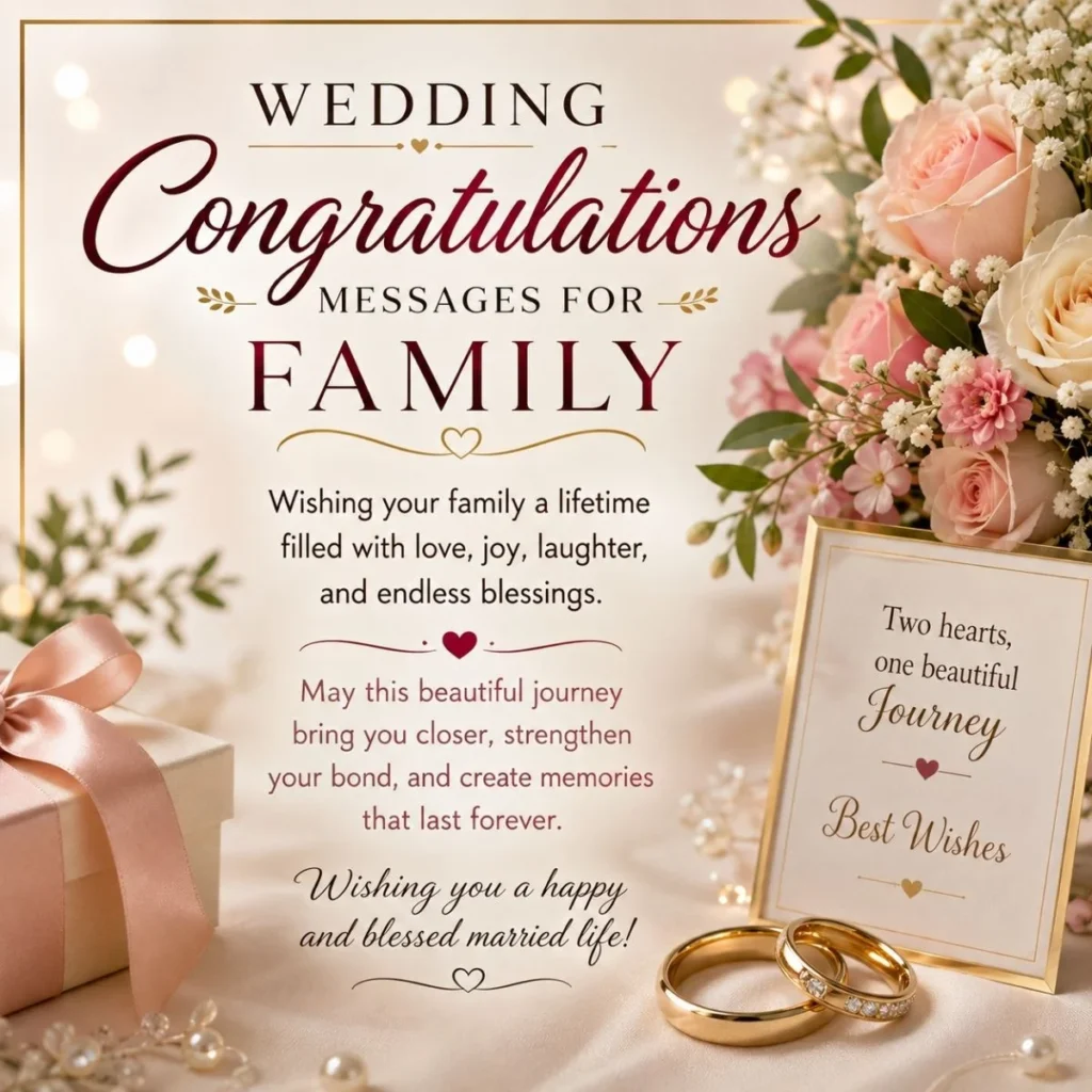 Wedding congratulations messages for family with flowers, wedding rings, and heartfelt wishes