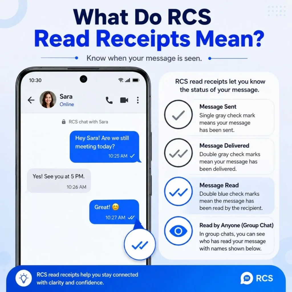 RCS read receipts showing sent, delivered, and read message statuses on an Android phone