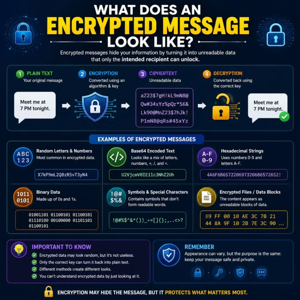 What an encrypted message looks like with ciphertext, random characters, binary, Base64, and hexadecimal examples