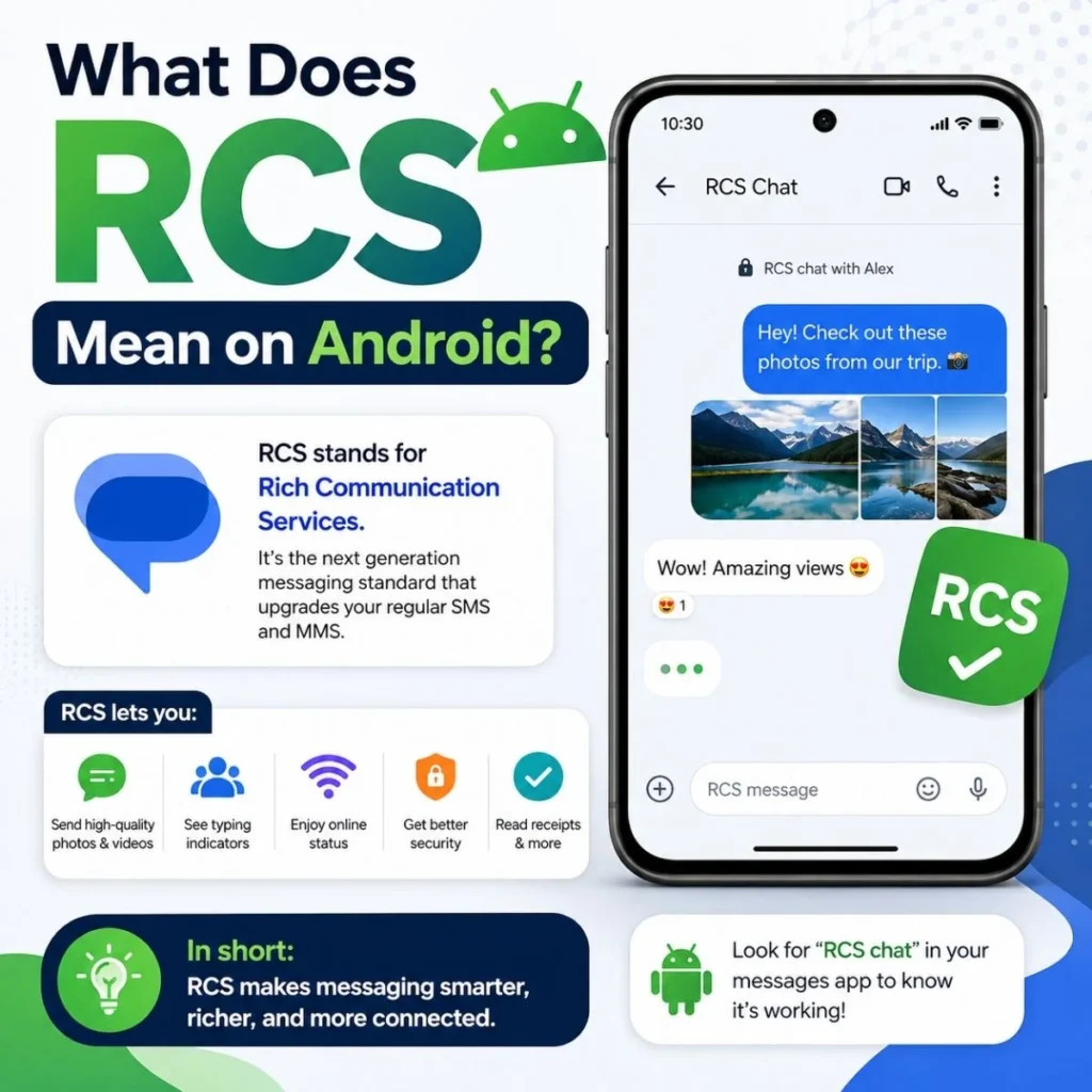 What RCS means on Android, with features like read receipts, typing indicators, group chats, and high-quality media.