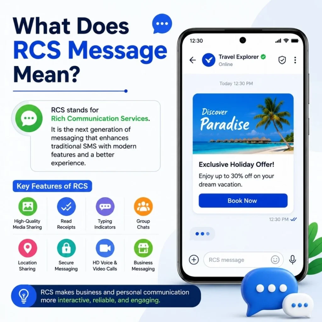 What does RCS message mean? A modern infographic explaining RCS features, benefits, and enhanced messaging.