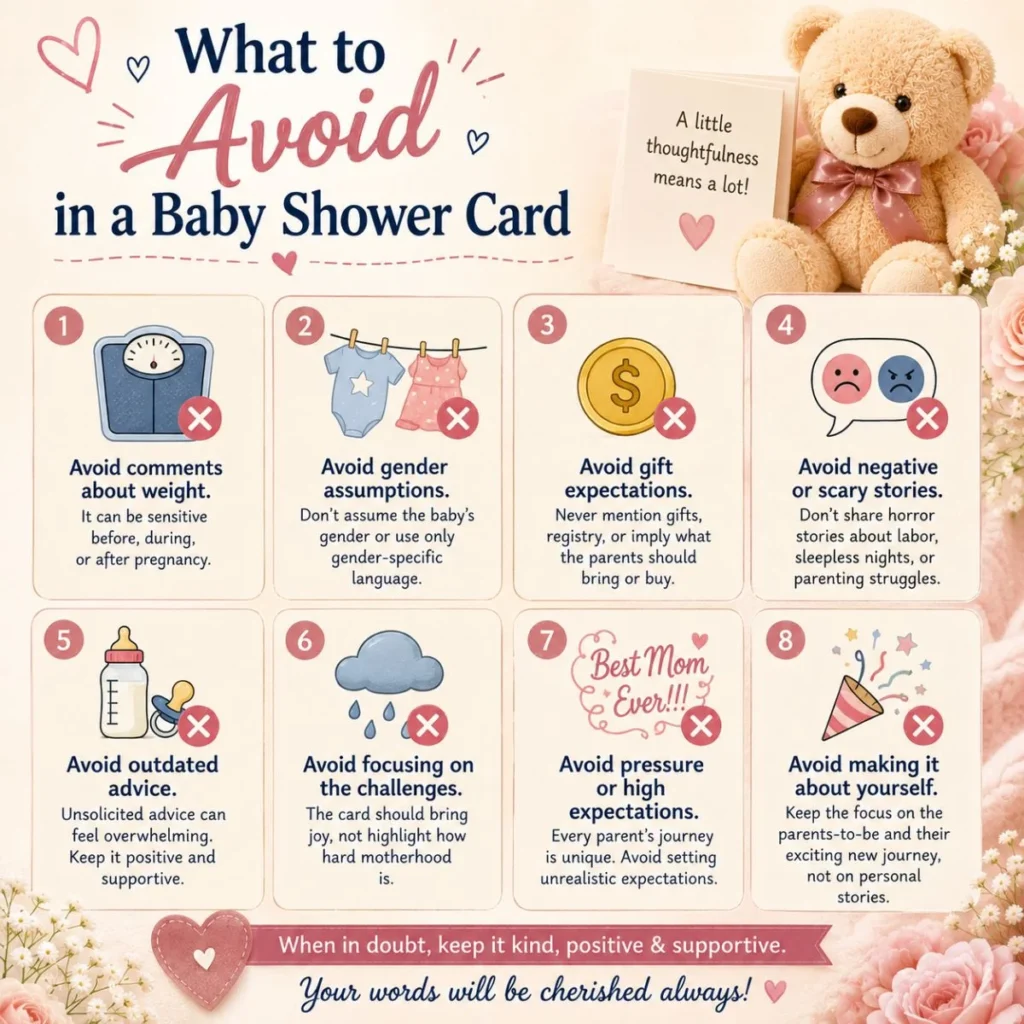 What to avoid in a baby shower card, including sensitive comments, gift expectations, and unwanted advice