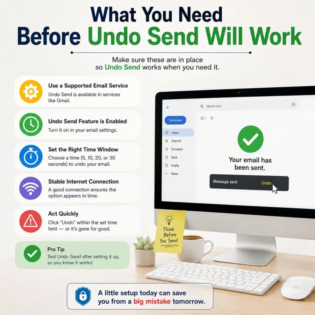 Undo Send setup requirements for Gmail with a checklist and email undo prompt