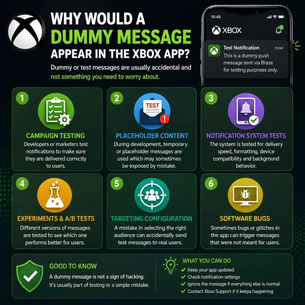 Why a dummy message appears in the Xbox app and common reasons for test notifications