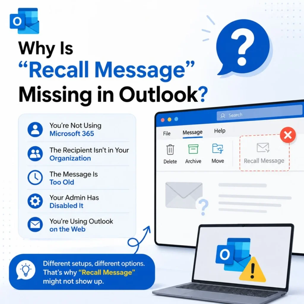 Why “Recall Message” is missing in Outlook and common reasons the recall option may not appear