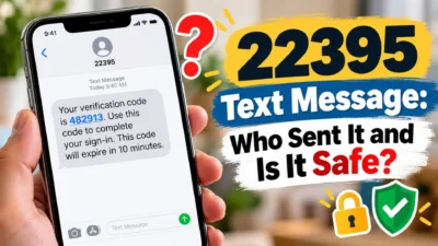 22395 text message showing a verification code with safety icons and a smartphone