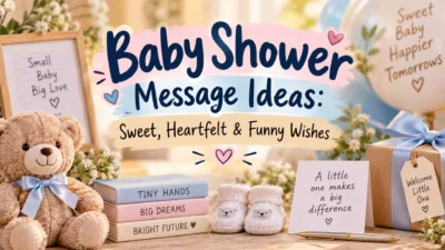 Baby shower message ideas with sweet, heartfelt, and funny wishes surrounded by gifts and baby items