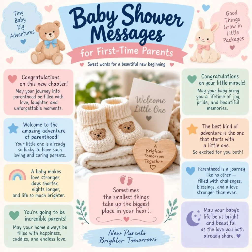 Baby shower messages for first-time parents with sweet wishes, teddy bears, baby booties, and pastel decorations.