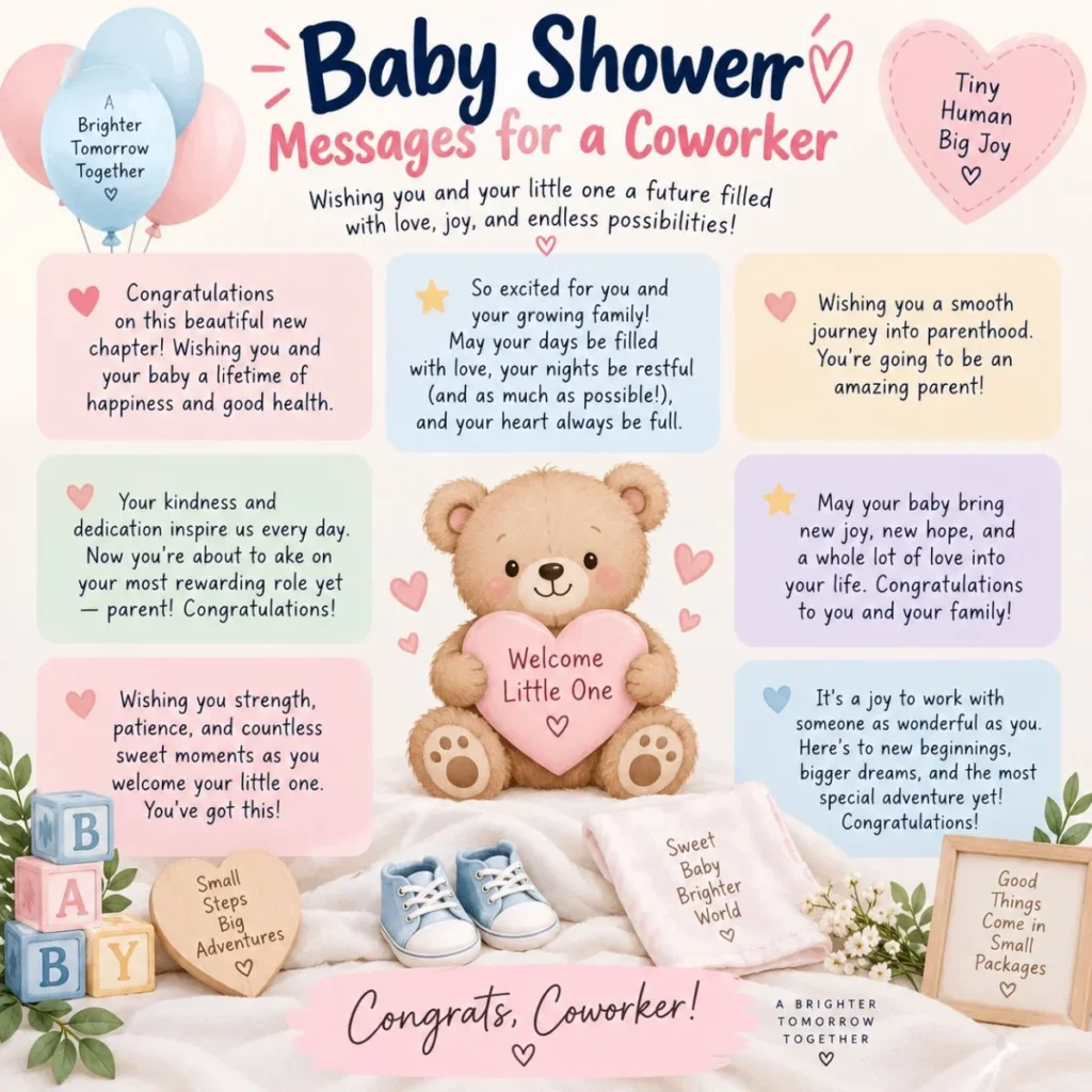 Baby shower messages for a coworker with a teddy bear, balloons, and heartfelt congratulations