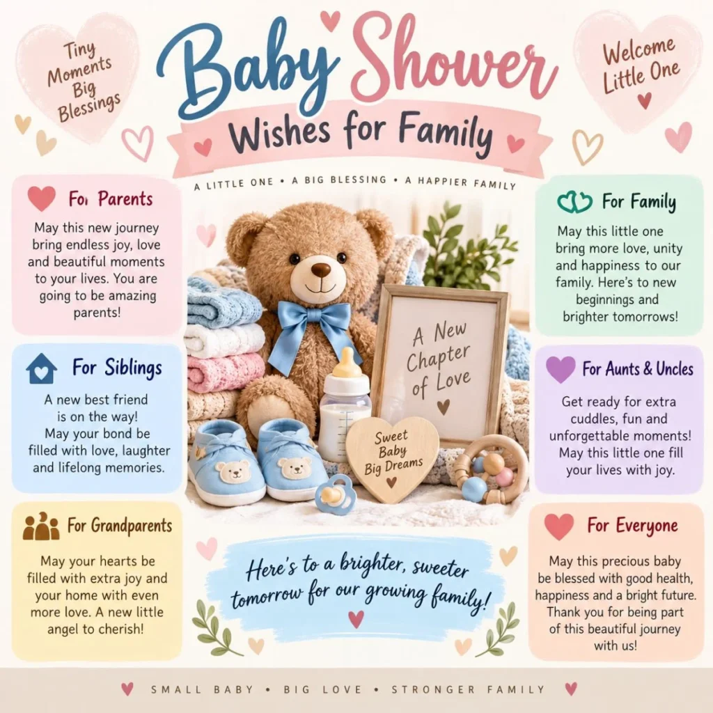 Baby shower wishes for family with heartfelt blessings, teddy bear, baby shoes, and pastel decorations