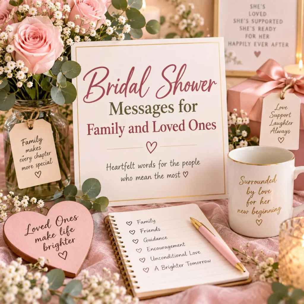 Bridal shower messages for family and loved ones with pink roses, gifts, hearts, and a keepsake journal