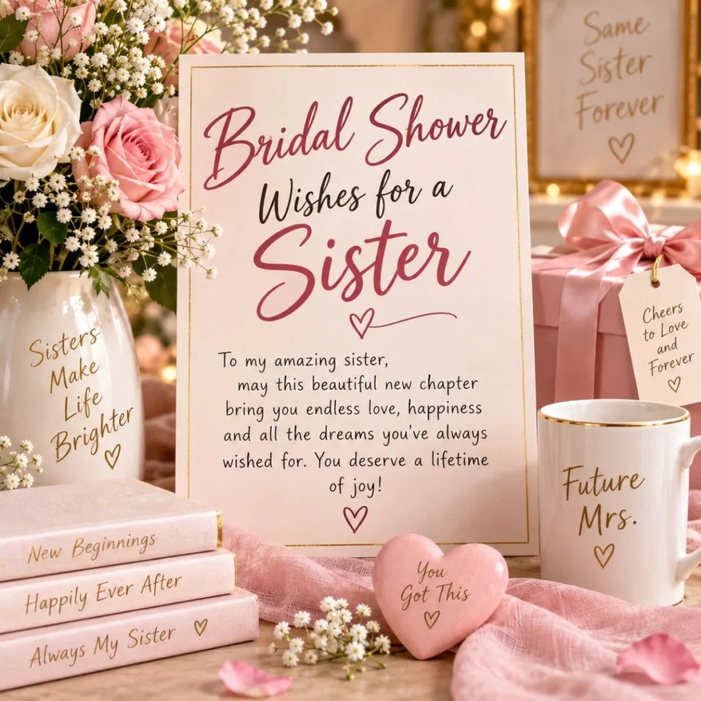 Bridal shower wishes for a sister with pink roses, gifts, and a heartfelt celebration card