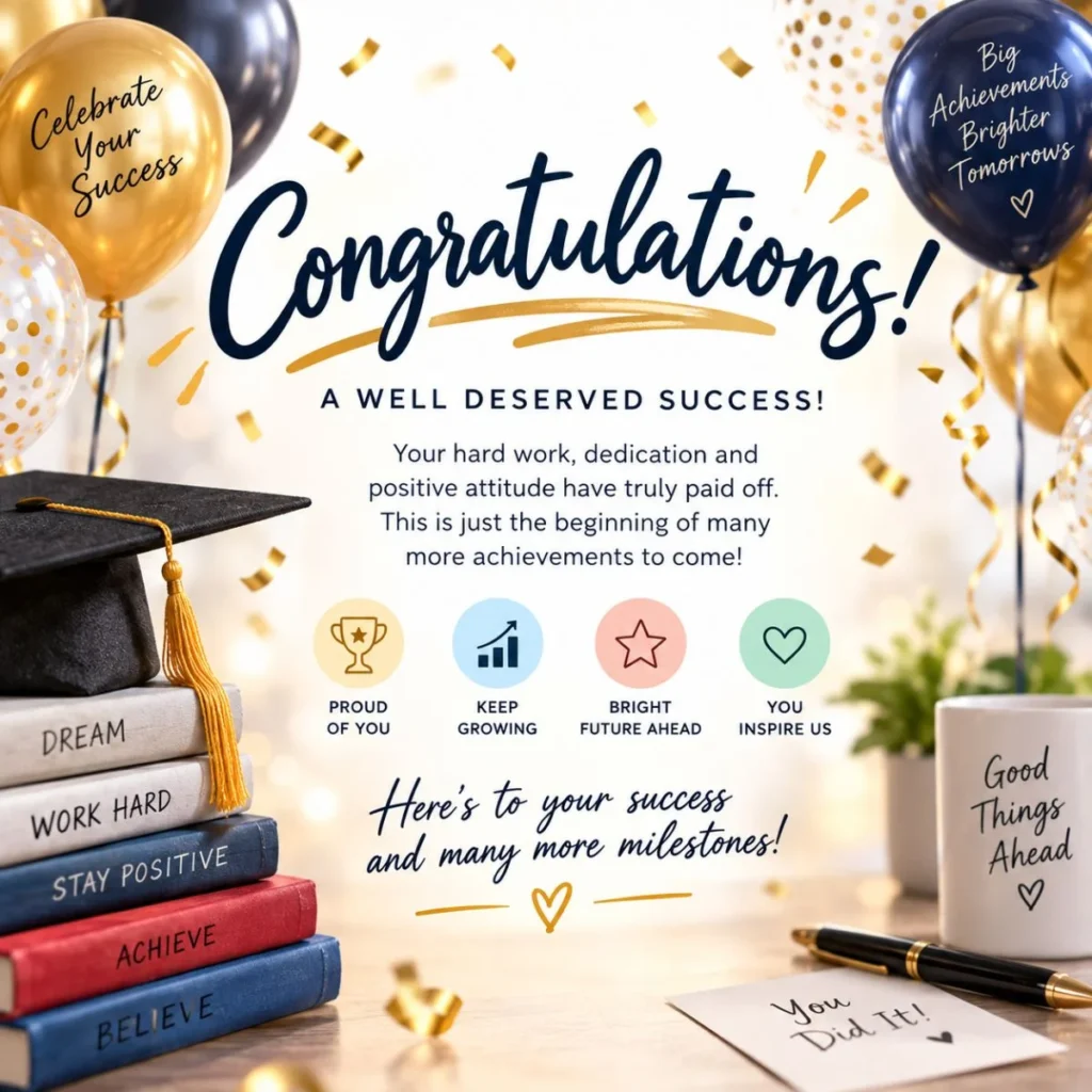 Congratulations celebration card with balloons, confetti, graduation cap, and inspiring success messages