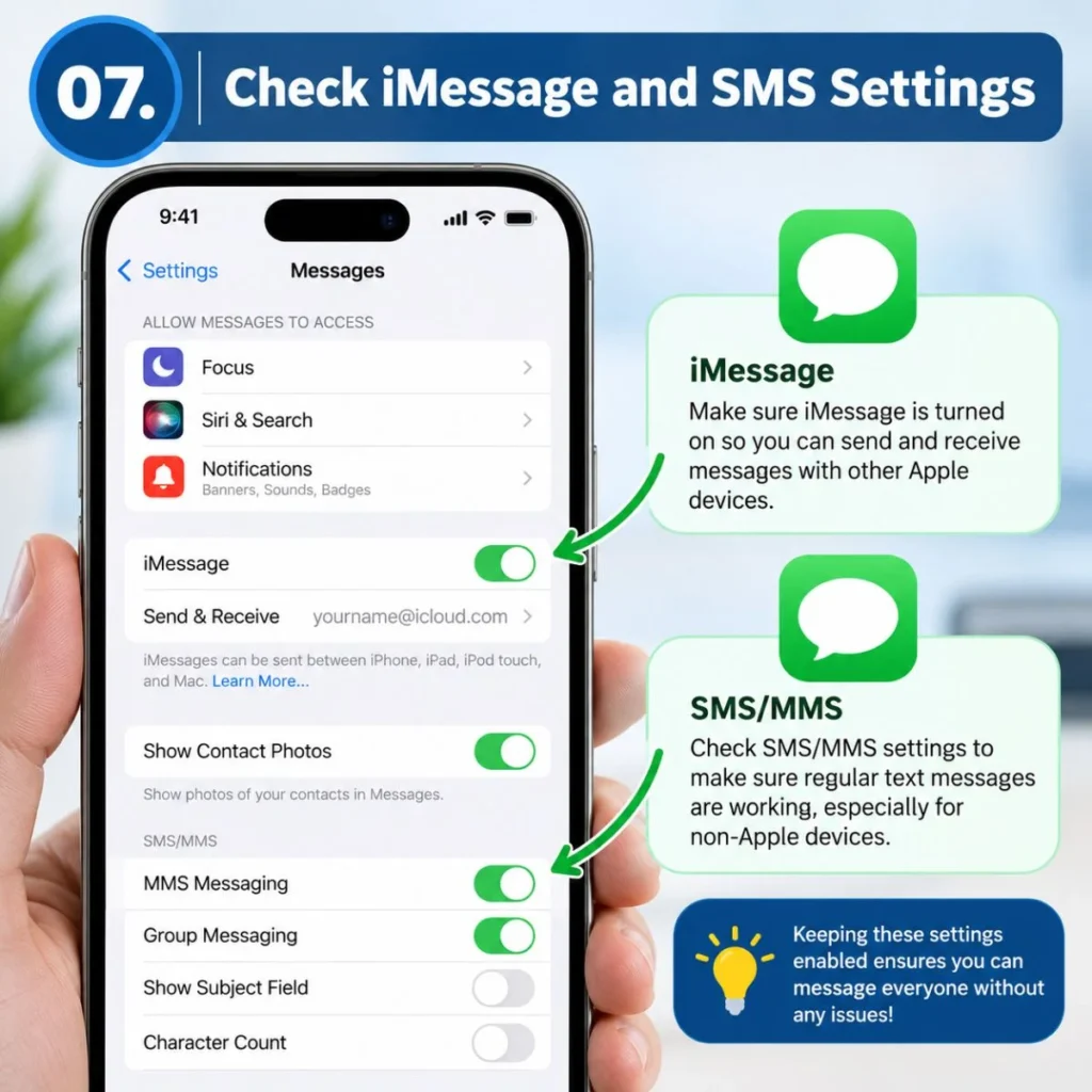 Check iMessage and SMS settings on iPhone for reliable messaging