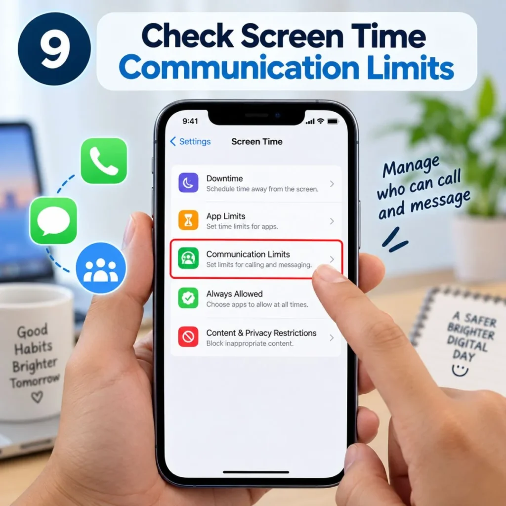 iPhone Screen Time settings showing Communication Limits for managing calls and messages