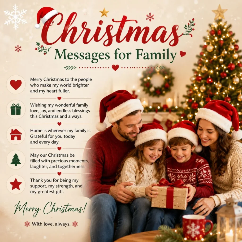 Christmas messages for family with a joyful family gathered around a decorated Christmas tree