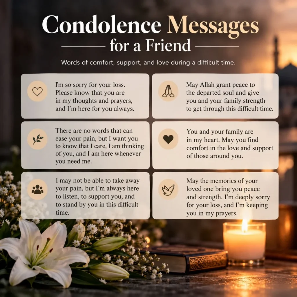 Condolence messages for a friend with comforting words, flowers, candle, and peaceful memorial setting