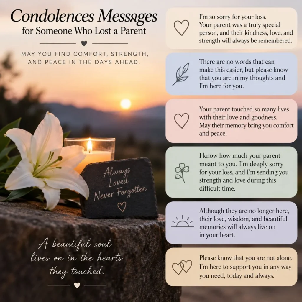 Condolences messages for someone who lost a parent, offering comfort, strength, and heartfelt sympathy