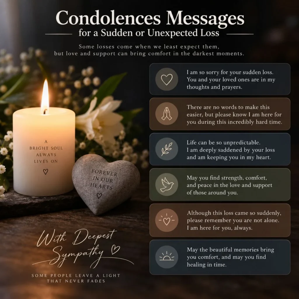 Condolence messages for a sudden or unexpected loss with candle, flowers, and sympathy quotes