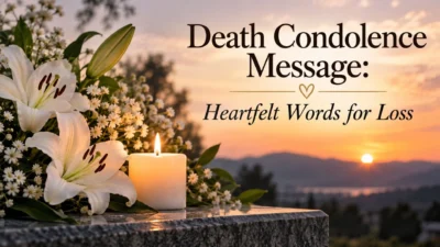 Death condolence message with white lilies, candle, and sunset symbolizing heartfelt words for loss