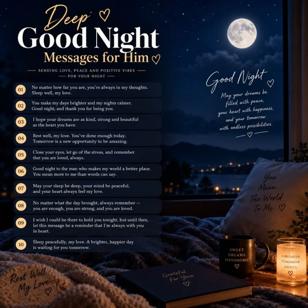 Deep good night messages for him with romantic moonlit bedroom and heartfelt quotes