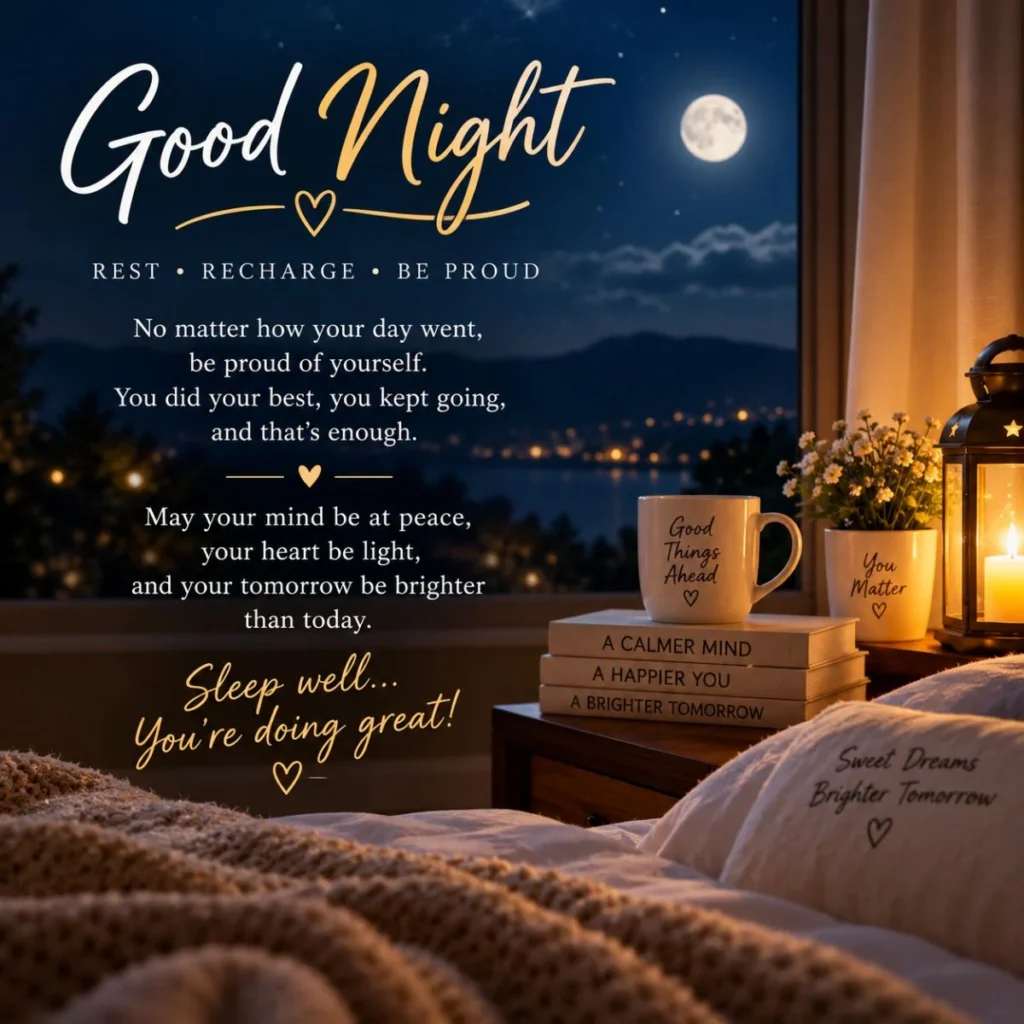 Deep and heartfelt good night message with a cozy bedroom, moonlit window, and peaceful nighttime setting