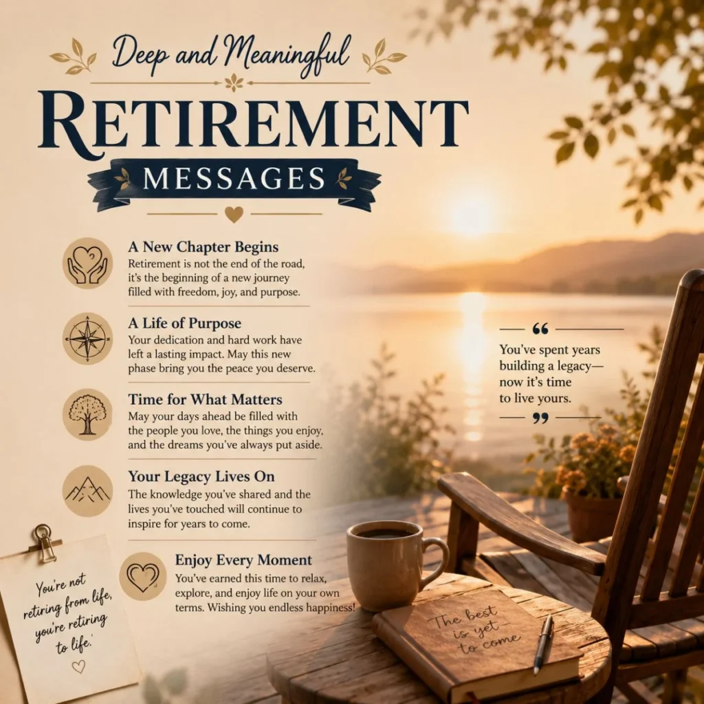 Deep and meaningful retirement messages celebrating a new chapter, lasting legacy, and well-earned happiness