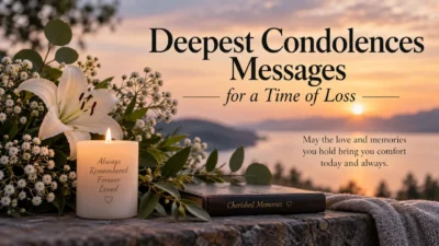 Deepest condolences messages beside white lilies, a candle, and cherished memories at sunset