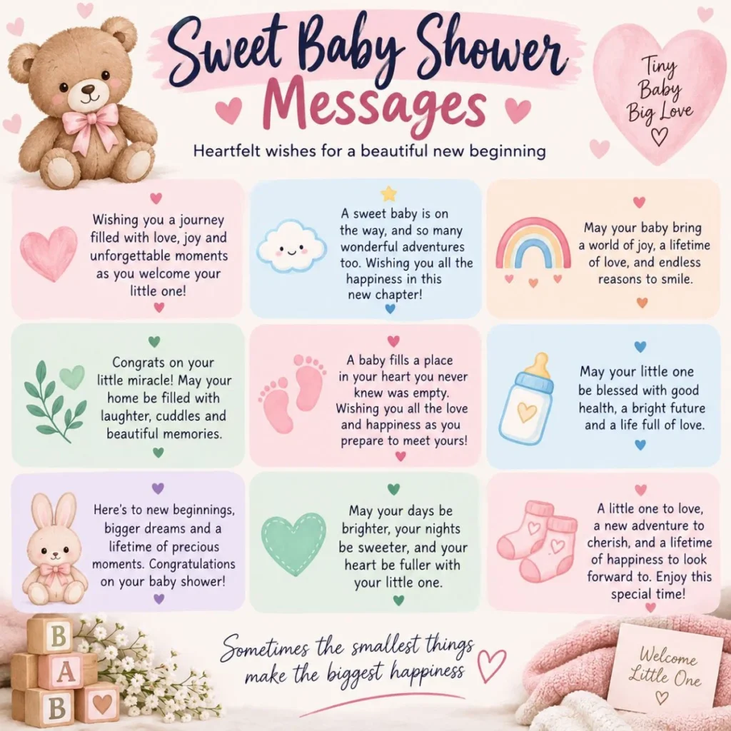 Sweet baby shower messages with heartfelt wishes, teddy bear, rainbow, and pastel nursery illustrations