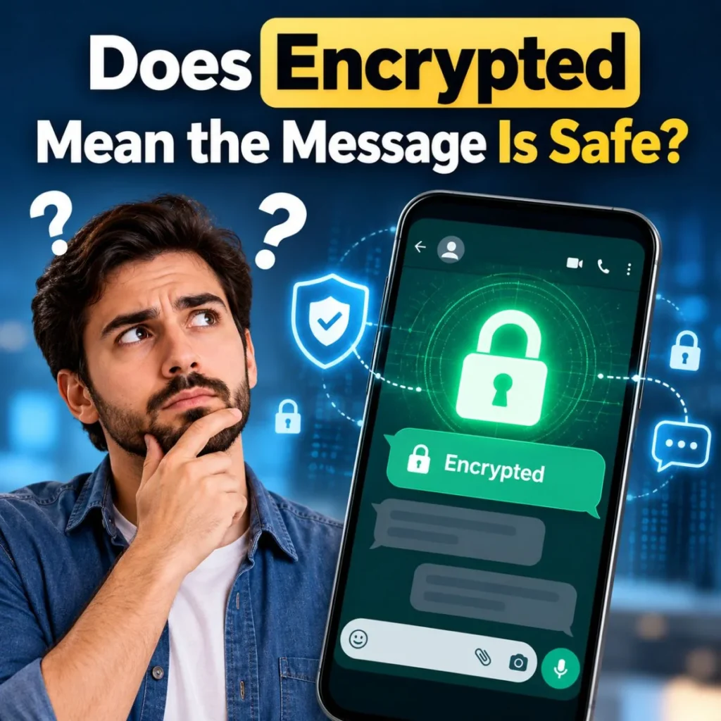 Does encrypted mean the message is safe? Cybersecurity illustration with locked smartphone