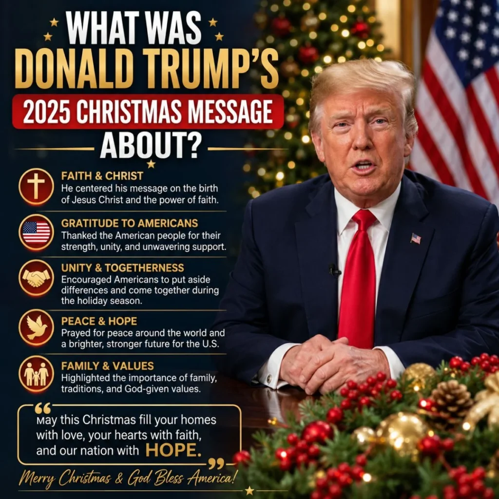 Donald Trump’s 2025 Christmas message highlights faith, family, unity, peace, hope, and gratitude to Americans.