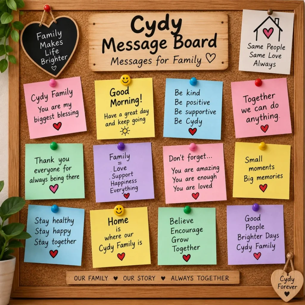 Cydy family message board with colorful notes, loving messages, hearts, and warm family decorations