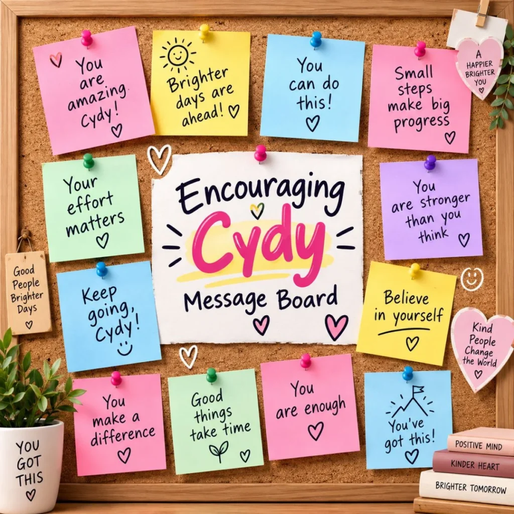 Encouraging Cydy message board with colorful notes, positive quotes, hearts, and uplifting messages