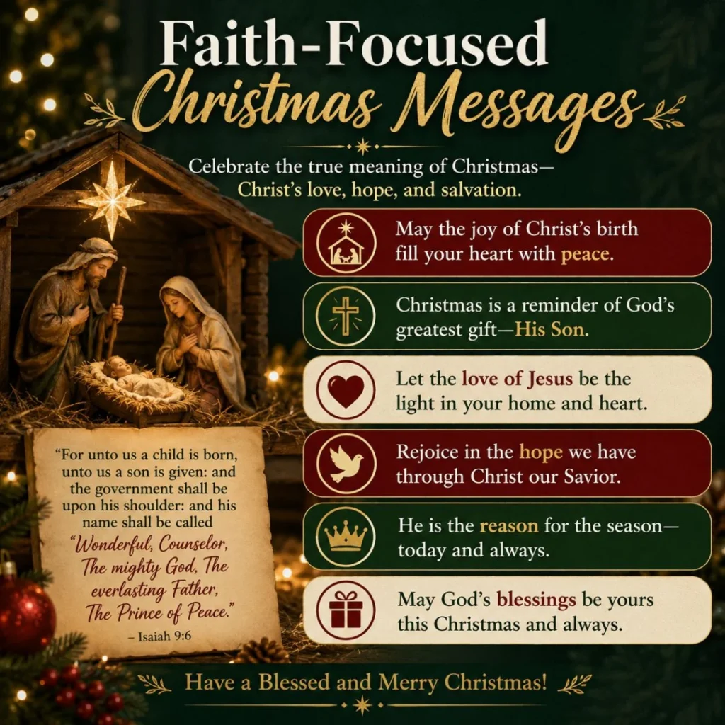 Faith-focused Christmas messages with a nativity scene, Bible verse, and blessings centered on Jesus