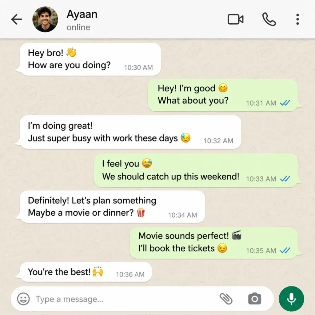 Fake text messages between friends planning a movie night and catching up over the weekend