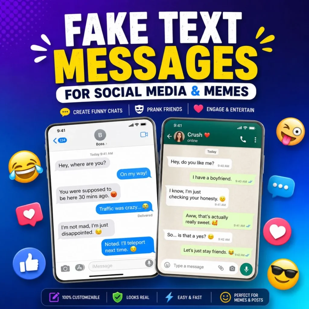 Fake text messages for social media and memes shown on realistic phone chat screens