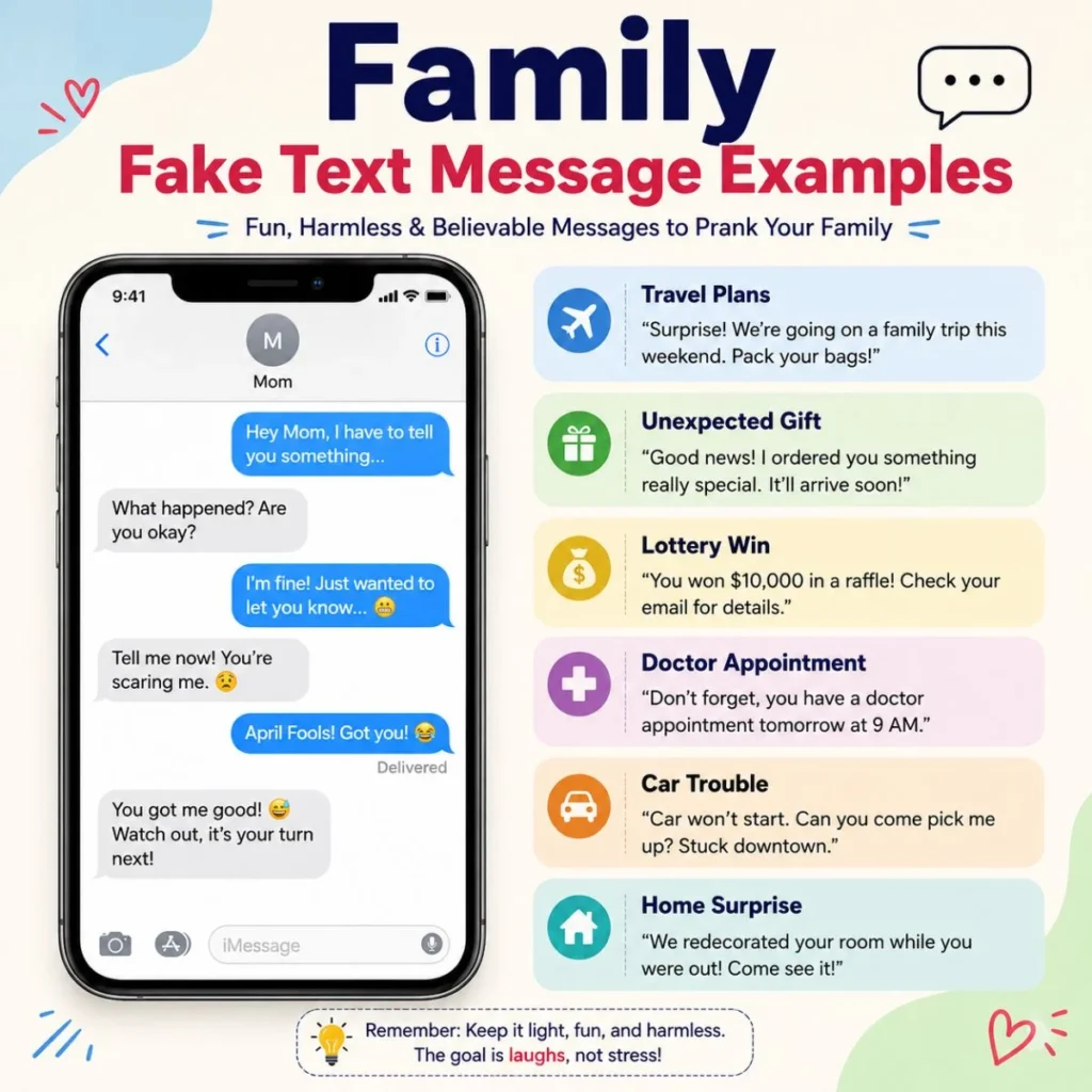 Family fake text message examples with fun, harmless prank ideas for playful conversations