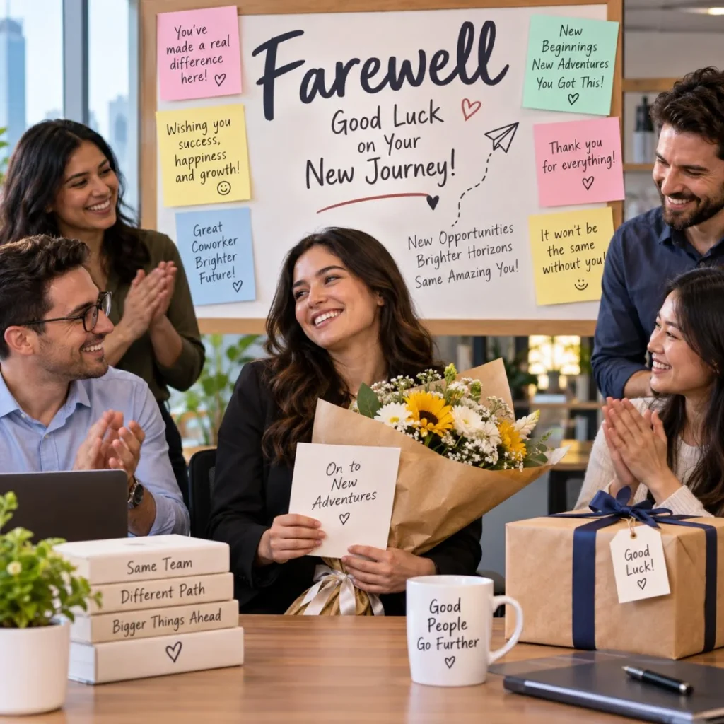 Coworkers celebrating a colleague’s farewell with flowers, gifts, and messages for her new opportunity