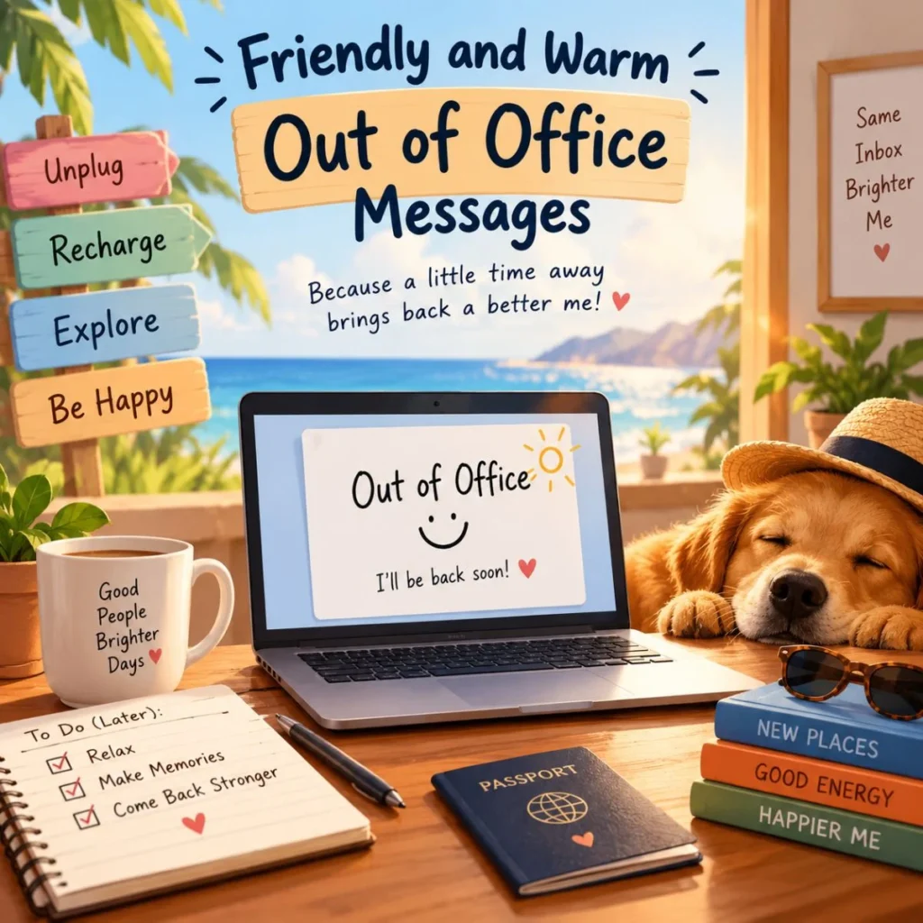 Friendly and warm out of office messages with a cozy vacation-themed workspace and laptop