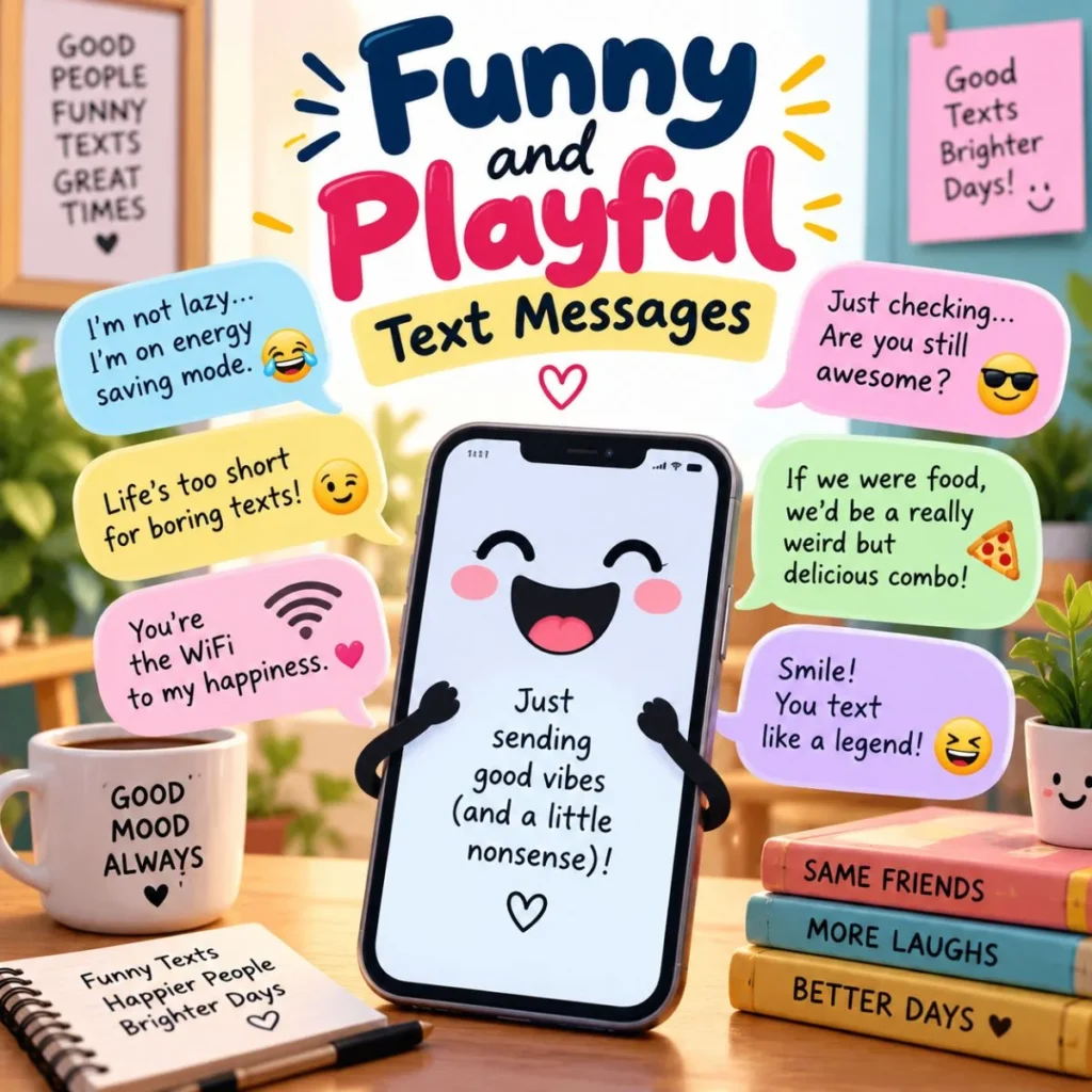 Funny and playful text messages with colorful speech bubbles and a cheerful smartphone