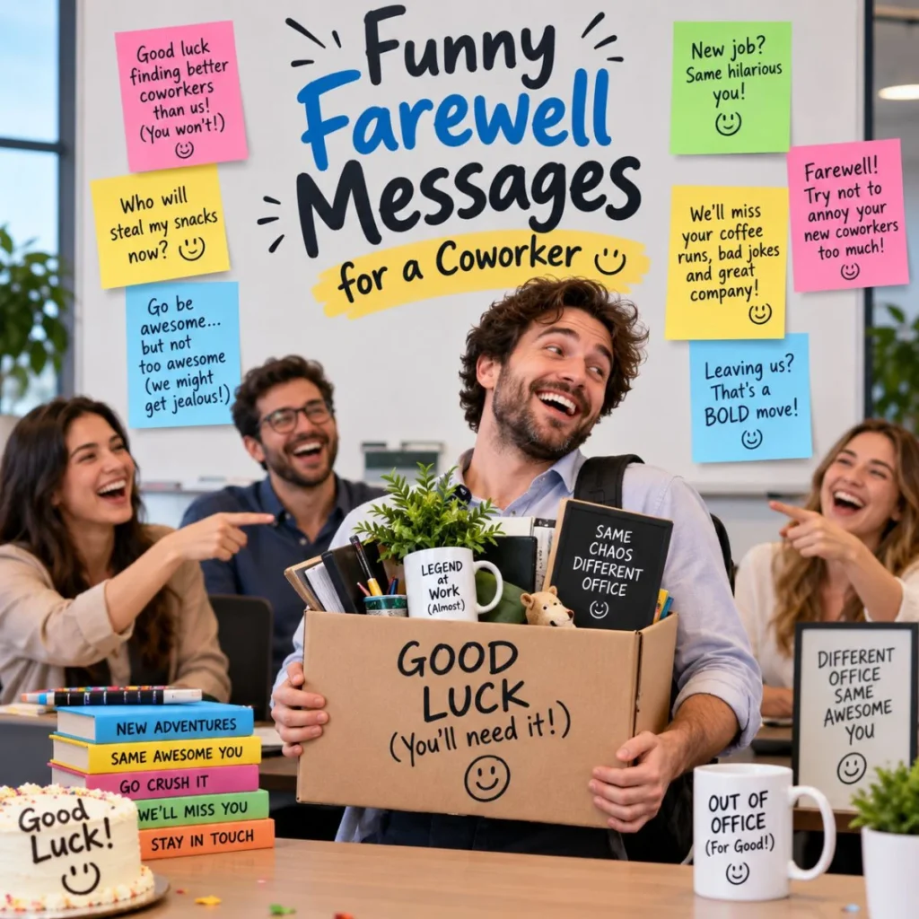 Funny farewell messages for a coworker celebrating a new job with laughing office colleagues