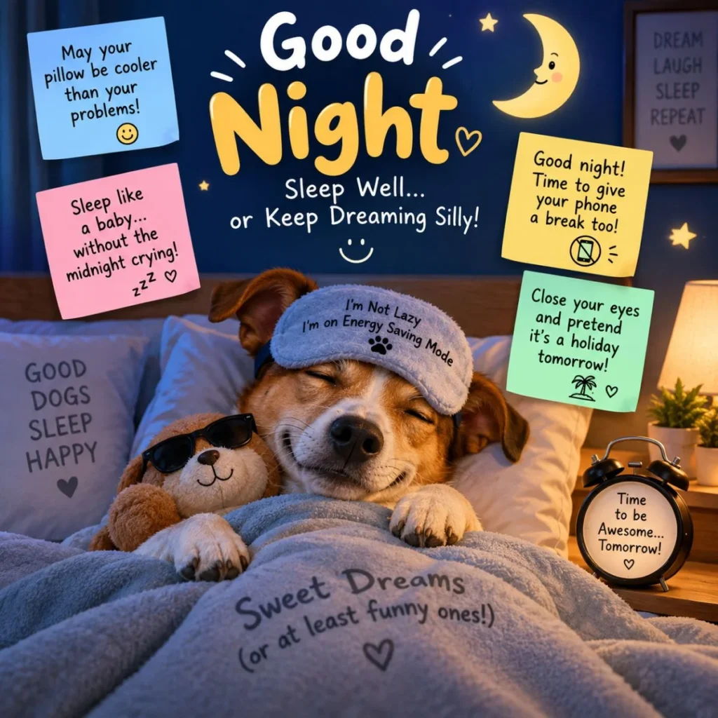 Funny good night messages with a sleepy dog, cozy bed, moon, stars, and bedtime notes