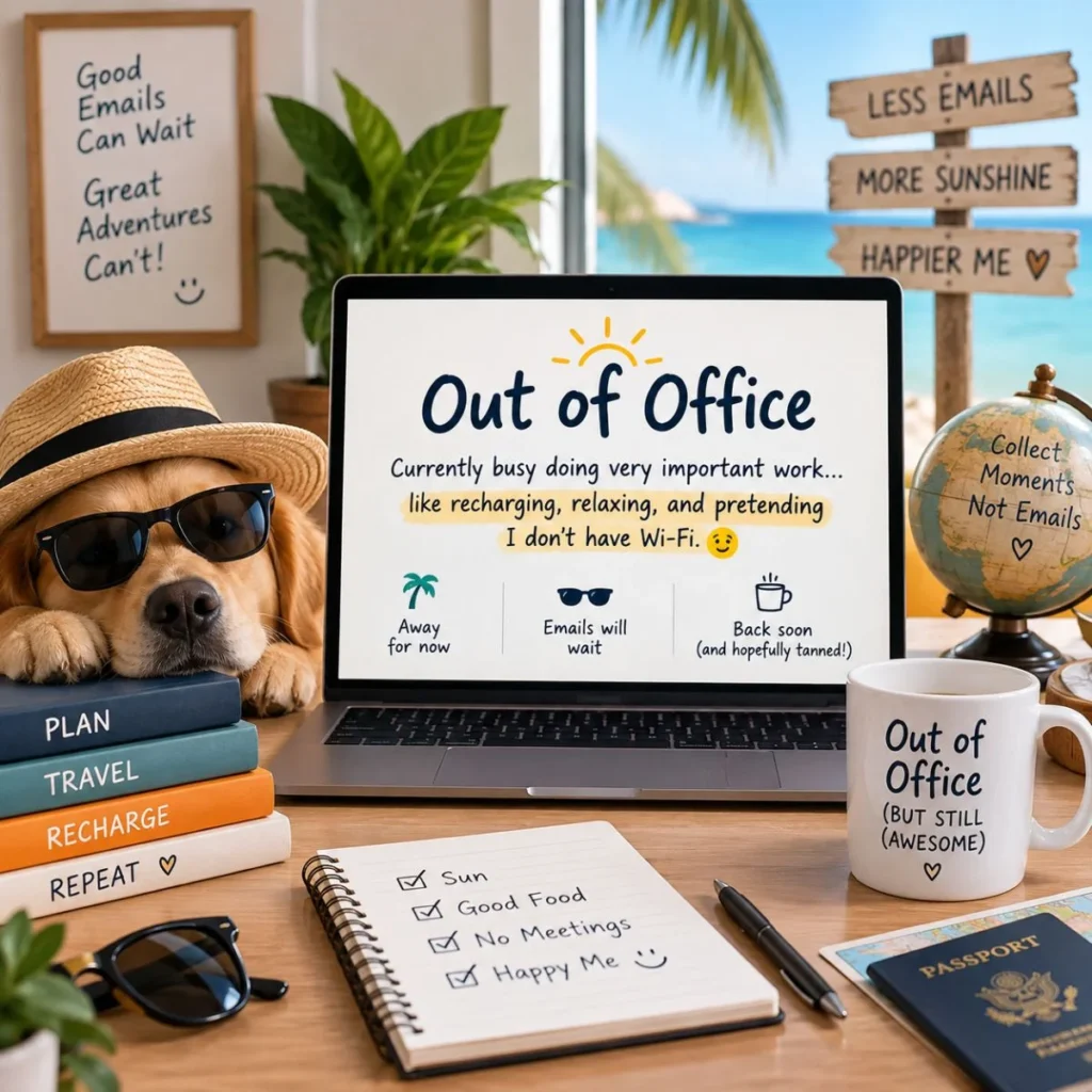 Funny but professional out of office message on a vacation-themed office desk