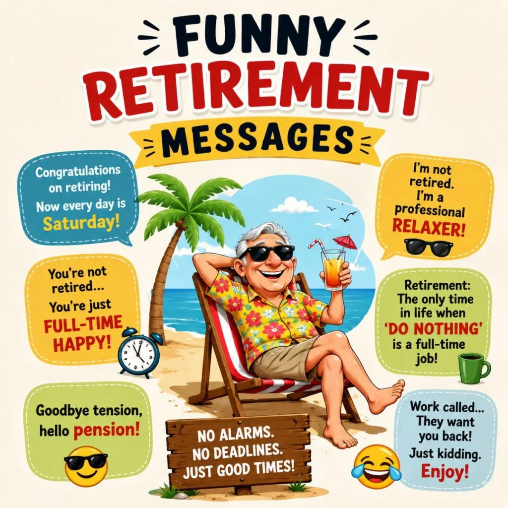Funny retirement messages with humorous wishes for a carefree and relaxing new chapter