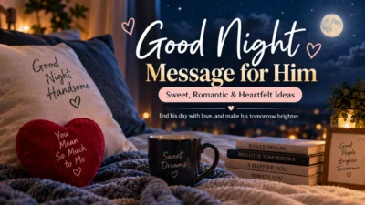 Good night message for him with a cozy bedroom, moonlight, hearts, and romantic bedtime words